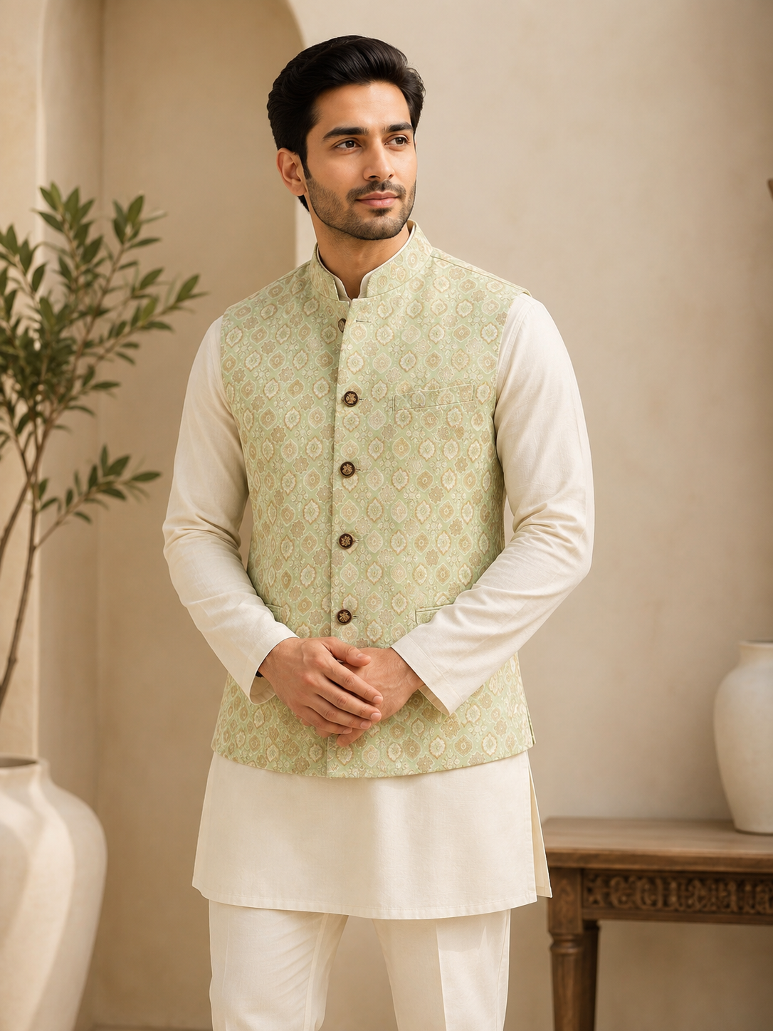 KPJ7123 Light Green Gold Jacquard Nehru Jacket