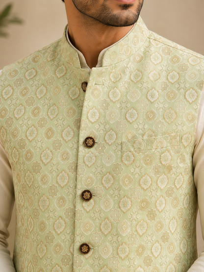 KPJ7123 Light Green Gold Jacquard Nehru Jacket