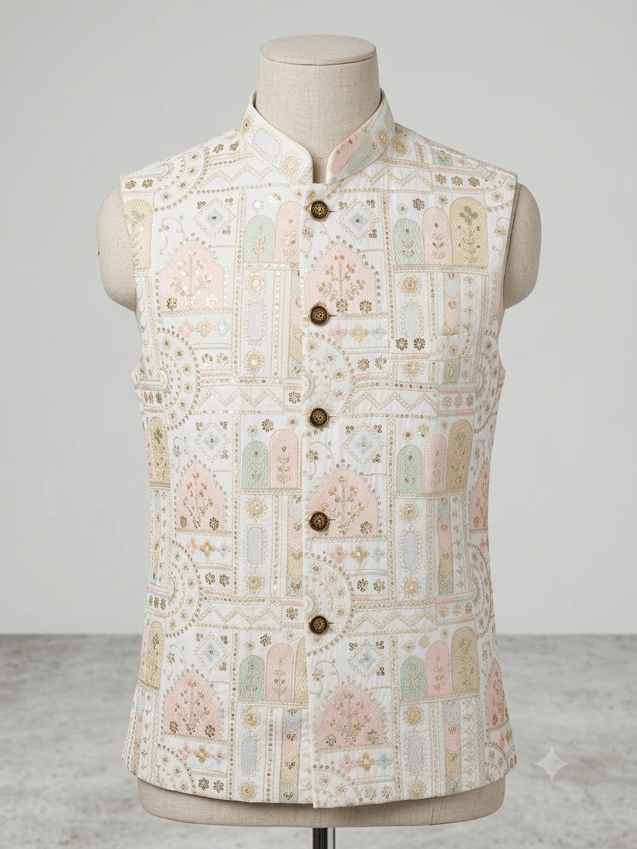 KPJ7125 Ivory Heritage Print Nehru Jacket