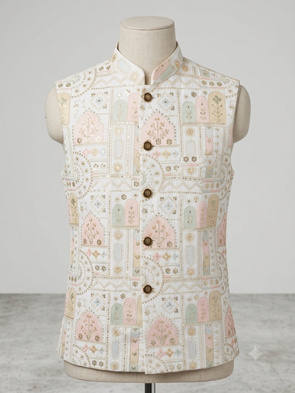 KPJ7125 Ivory Heritage Print Nehru Jacket