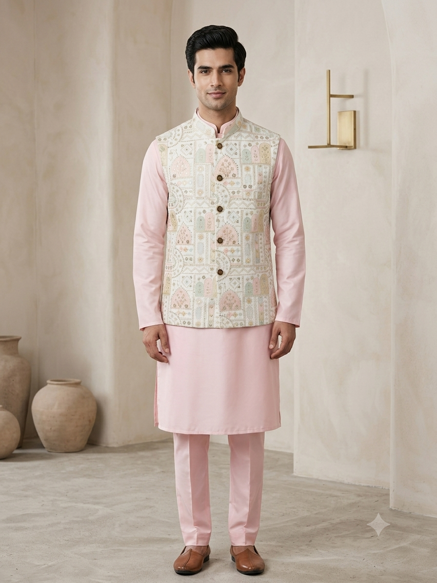 KPJ7125 Ivory Heritage Print Nehru Jacket