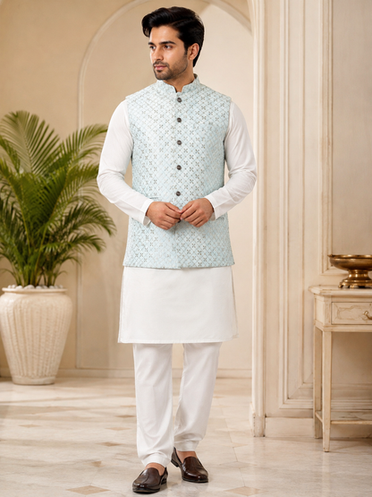 KPJ7126 Powder Blue Jacquard Nehru Jacket