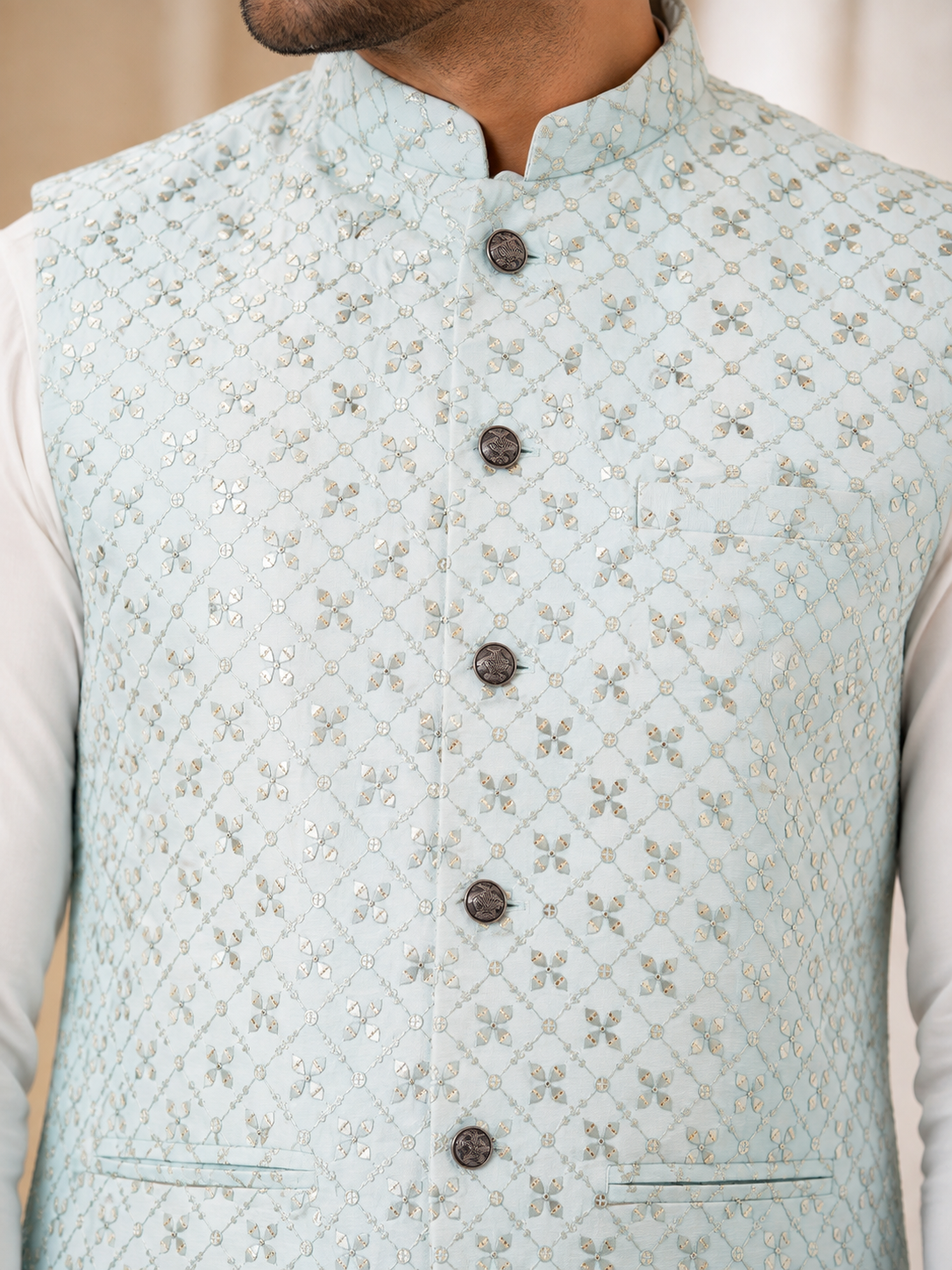 KPJ7126 Powder Blue Jacquard Nehru Jacket