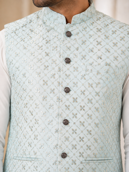 KPJ7126 Powder Blue Jacquard Nehru Jacket