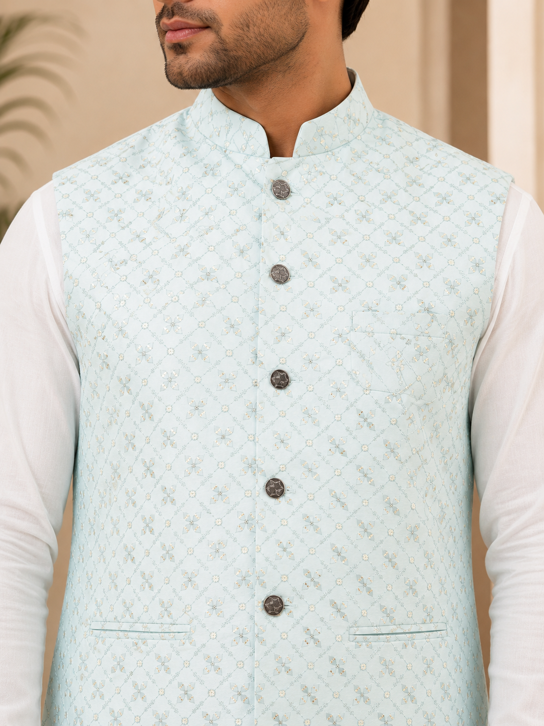 KPJ7126 Powder Blue Jacquard Nehru Jacket