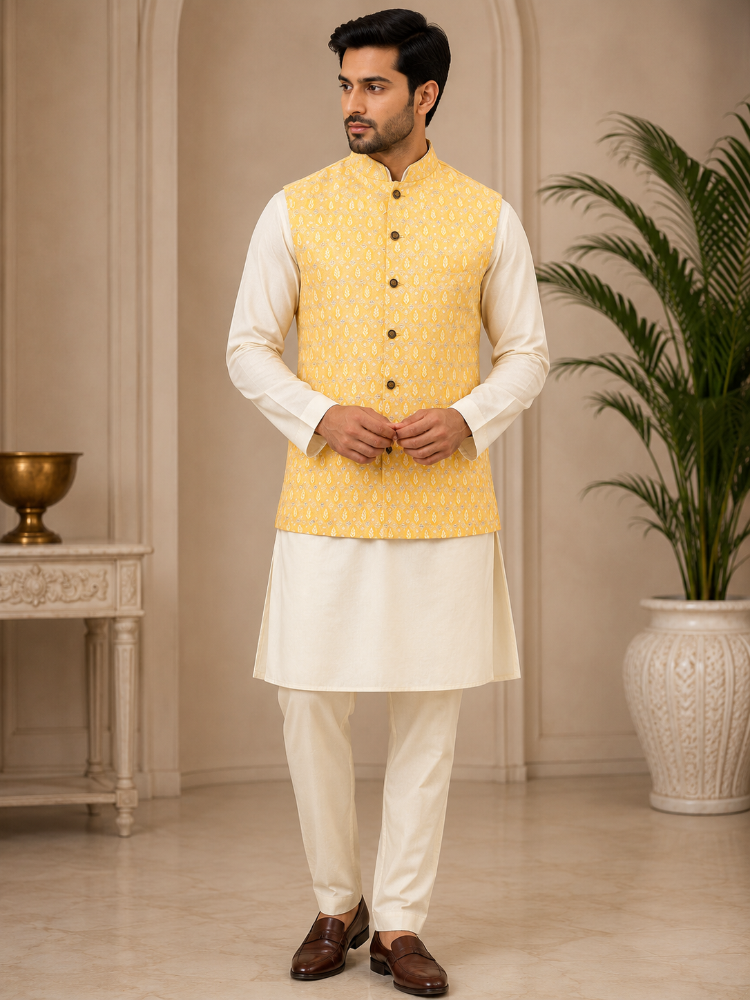 KPJ7127 Yellow Jacquard Nehru Jacket