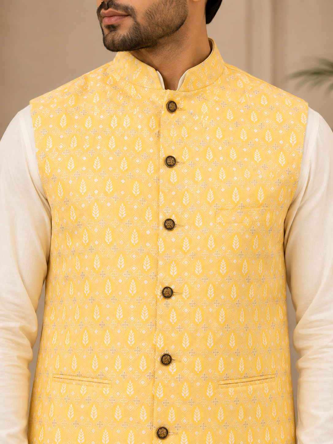 KPJ7127 Yellow Jacquard Nehru Jacket