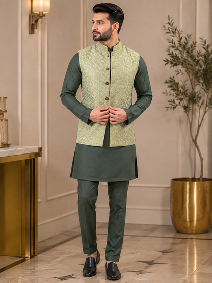 KPD7129 Sage Green Sequin Nehru Jacket with Dark Green Kurta Pant Set