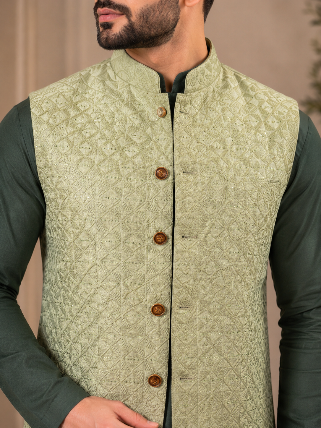 KPD7129 Sage Green Sequin Nehru Jacket with Dark Green Kurta Pant Set