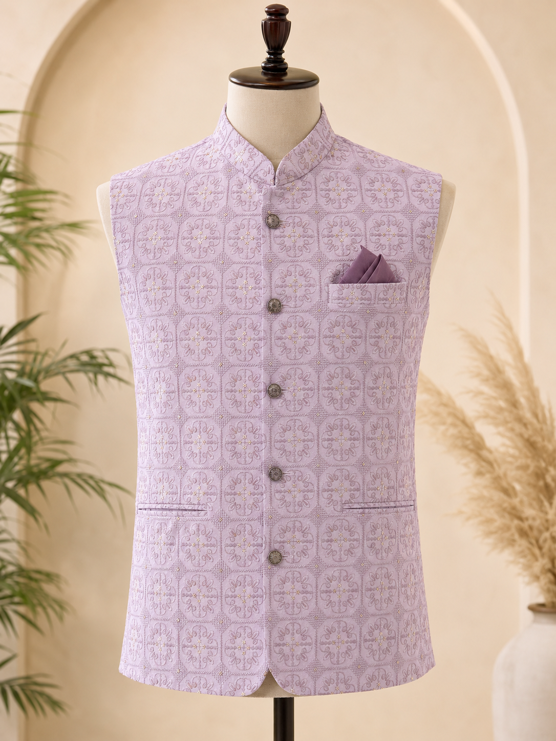 KPD7132 Lavender Sequin Embroidered Nehru Jacket with Lavender Kurta Pant Set
