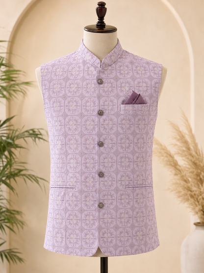 KPD7132 Lavender Sequin Embroidered Nehru Jacket with Lavender Kurta Pant Set