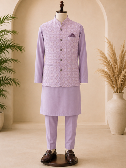 KPD7132 Lavender Sequin Embroidered Nehru Jacket with Lavender Kurta Pant Set
