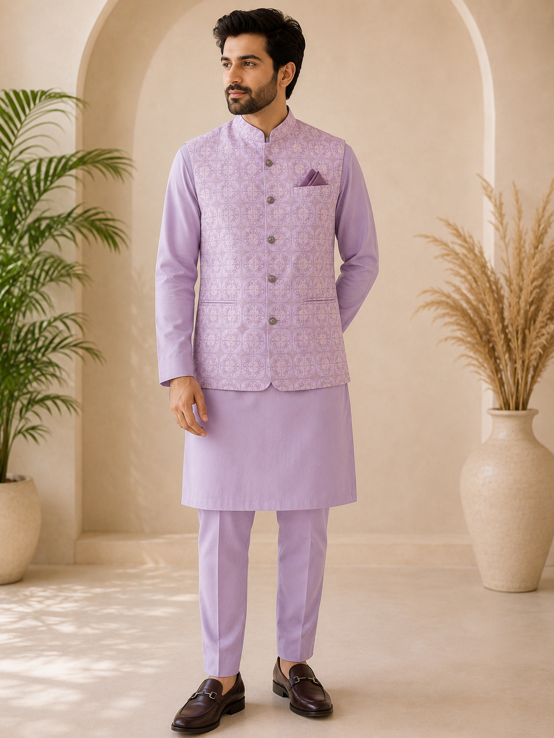 KPD7132 Lavender Sequin Embroidered Nehru Jacket with Lavender Kurta Pant Set