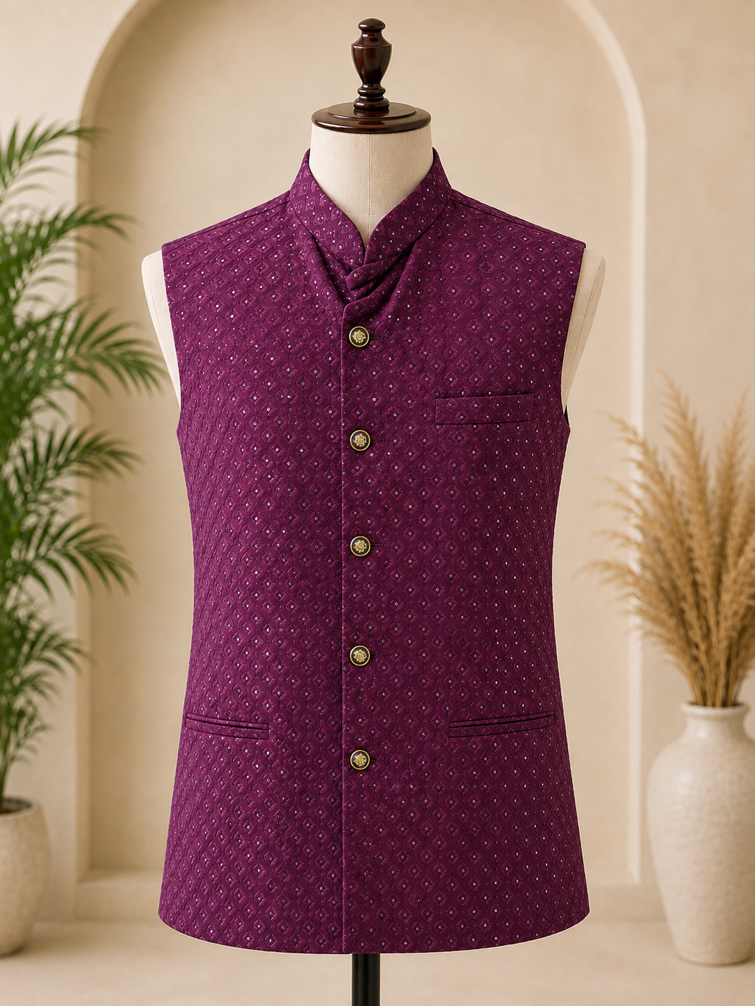 KPD7133 Dark Purple Embroidered Nehru Jacket with Wine Kurta Pant Set