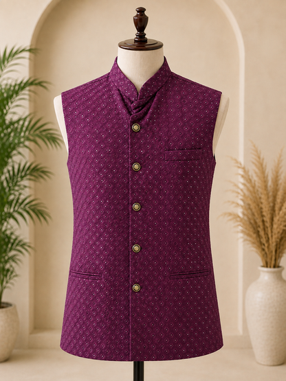 KPD7133 Dark Purple Embroidered Nehru Jacket with Wine Kurta Pant Set