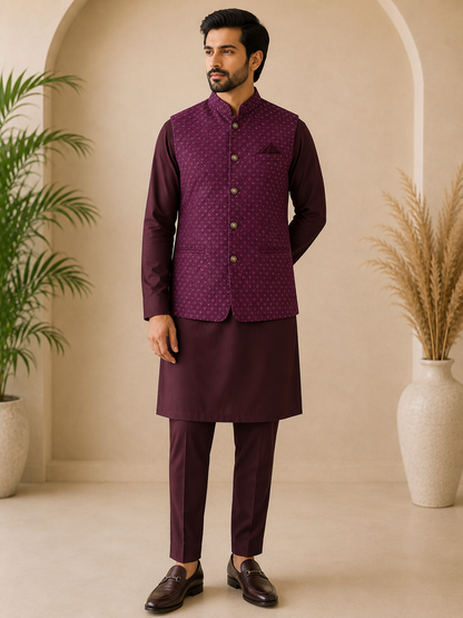 KPD7133 Dark Purple Embroidered Nehru Jacket with Wine Kurta Pant Set
