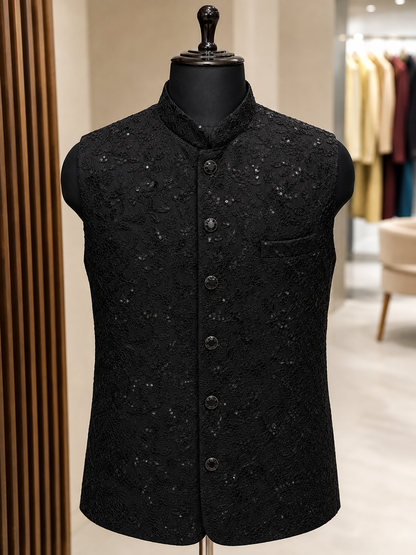 KPJ7130 Black Heavy Sequin Nehru Jacket