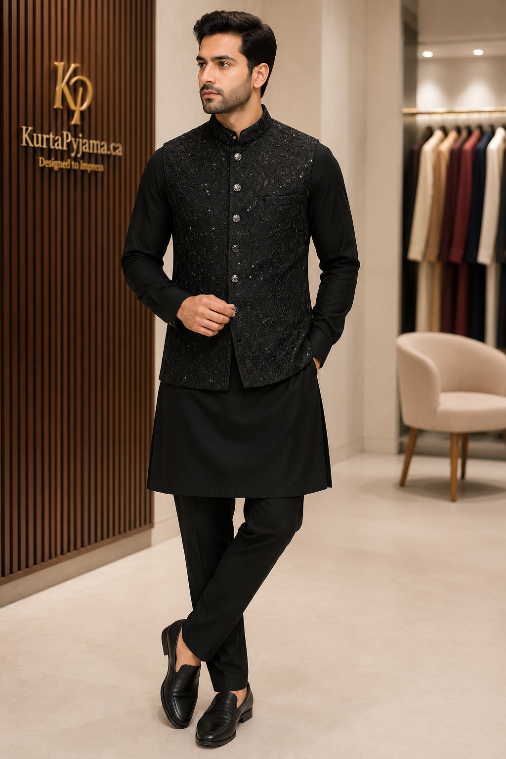 KPJ7130 Black Heavy Sequin Nehru Jacket