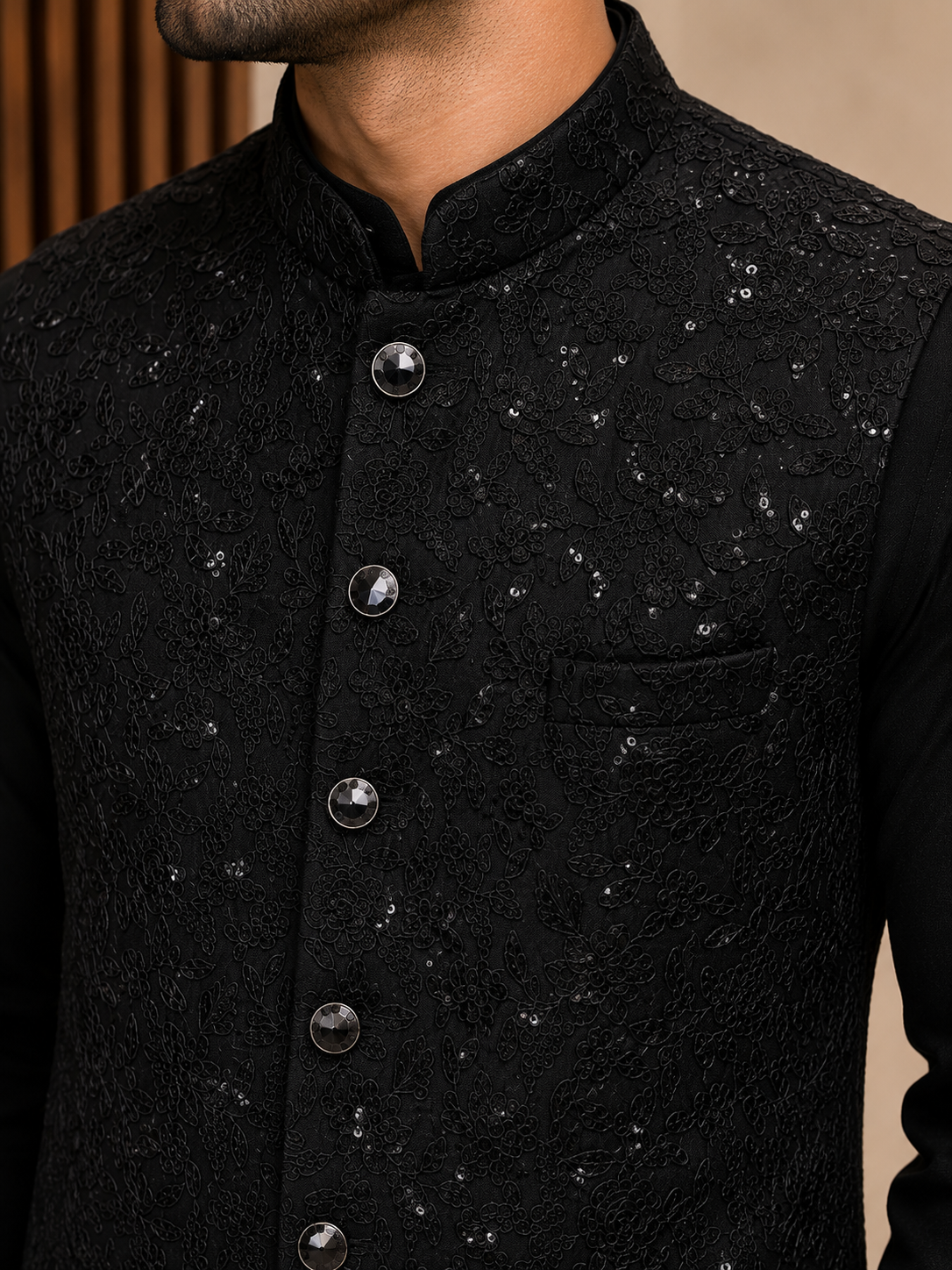 KPJ7130 Black Heavy Sequin Nehru Jacket