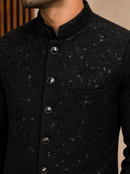 KPJ7130 Black Heavy Sequin Nehru Jacket