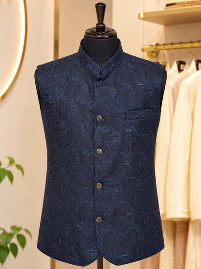 KPJ7134 Royal Dark Blue Sequin Nehru Jacket