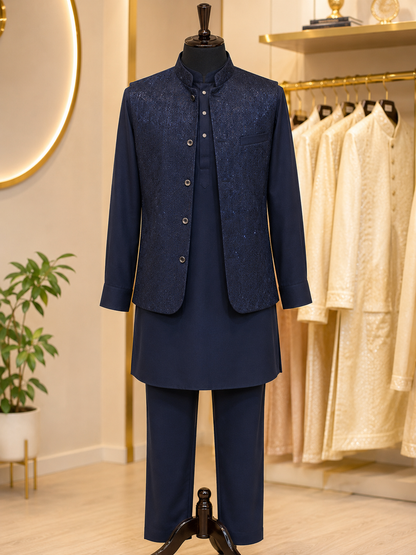 KPJ7134 Royal Dark Blue Sequin Nehru Jacket