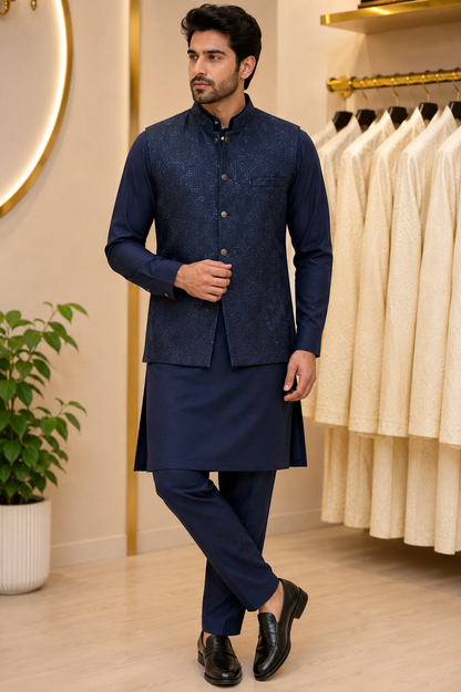 KPJ7134 Royal Dark Blue Sequin Nehru Jacket