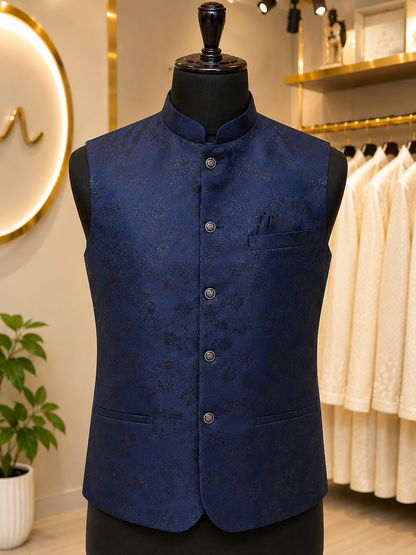 KPD7134 Dark Blue Jacquard Nehru Jacket with White Kurta Pant Set