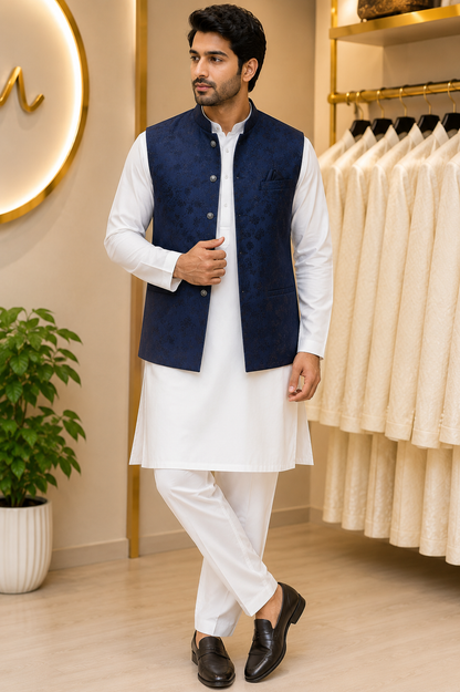 KPD7134 Dark Blue Jacquard Nehru Jacket with White Kurta Pant Set