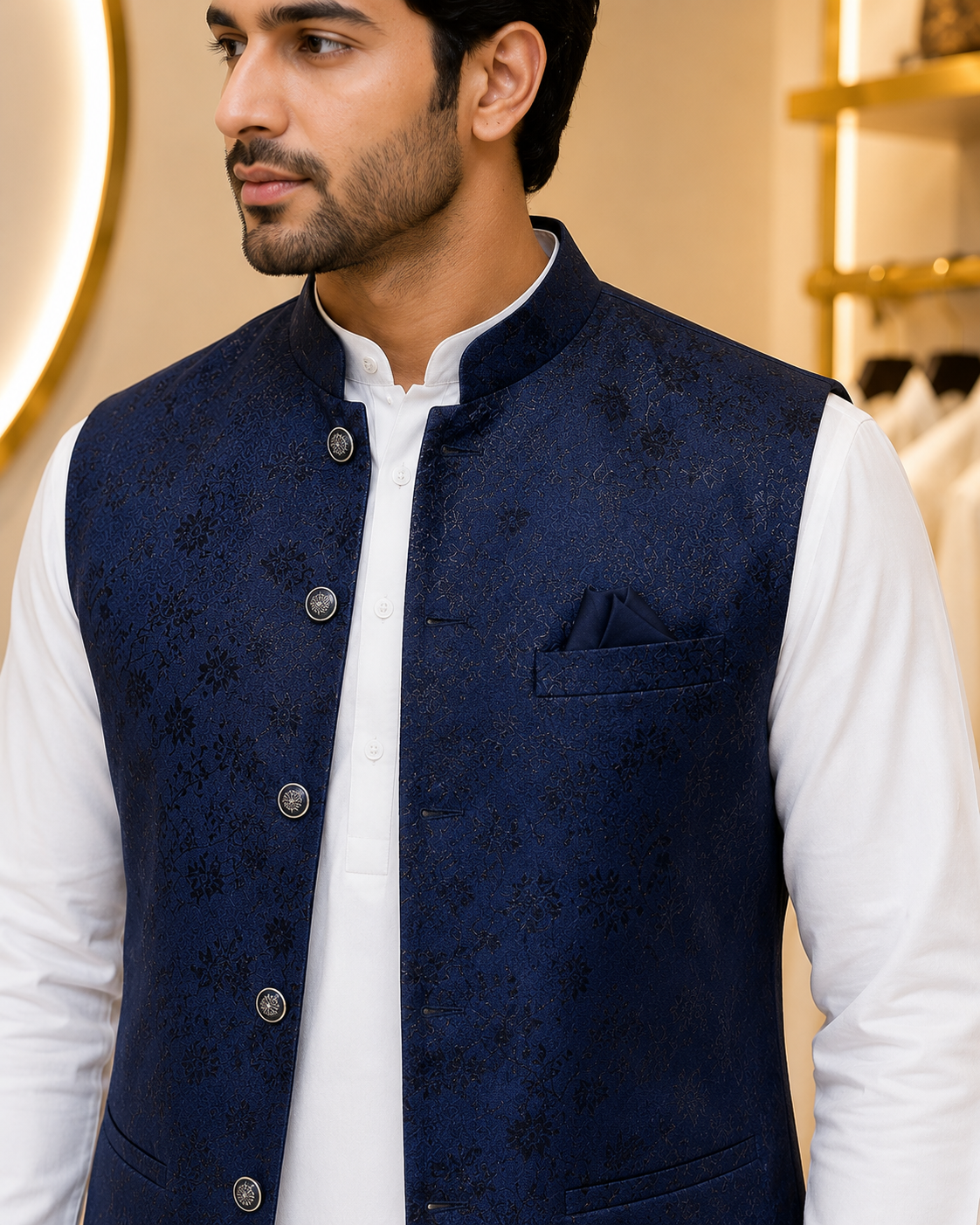 KPD7134 Dark Blue Jacquard Nehru Jacket with White Kurta Pant Set