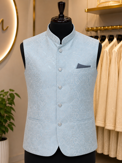 KPD7136 Baby Blue Sequin Embroidered Jacquard Nehru Jacket with Kurta Pant Set