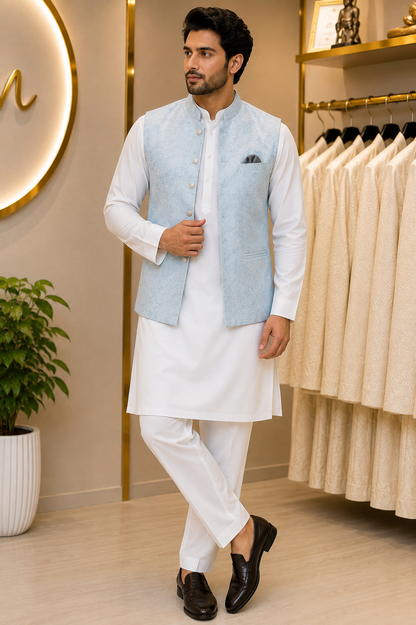 KPD7136 Baby Blue Sequin Embroidered Jacquard Nehru Jacket with Kurta Pant Set