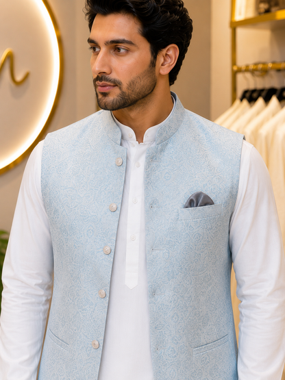 KPD7136 Baby Blue Sequin Embroidered Jacquard Nehru Jacket with Kurta Pant Set