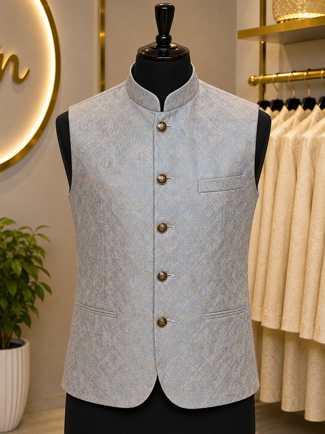 KPD7137 Grey Full Work Nehru Jacket with Greige Kurta Pant Set
