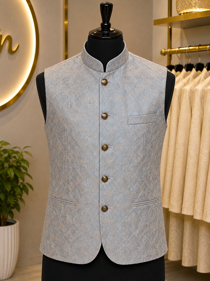KPD7137 Grey Full Work Nehru Jacket with Greige Kurta Pant Set