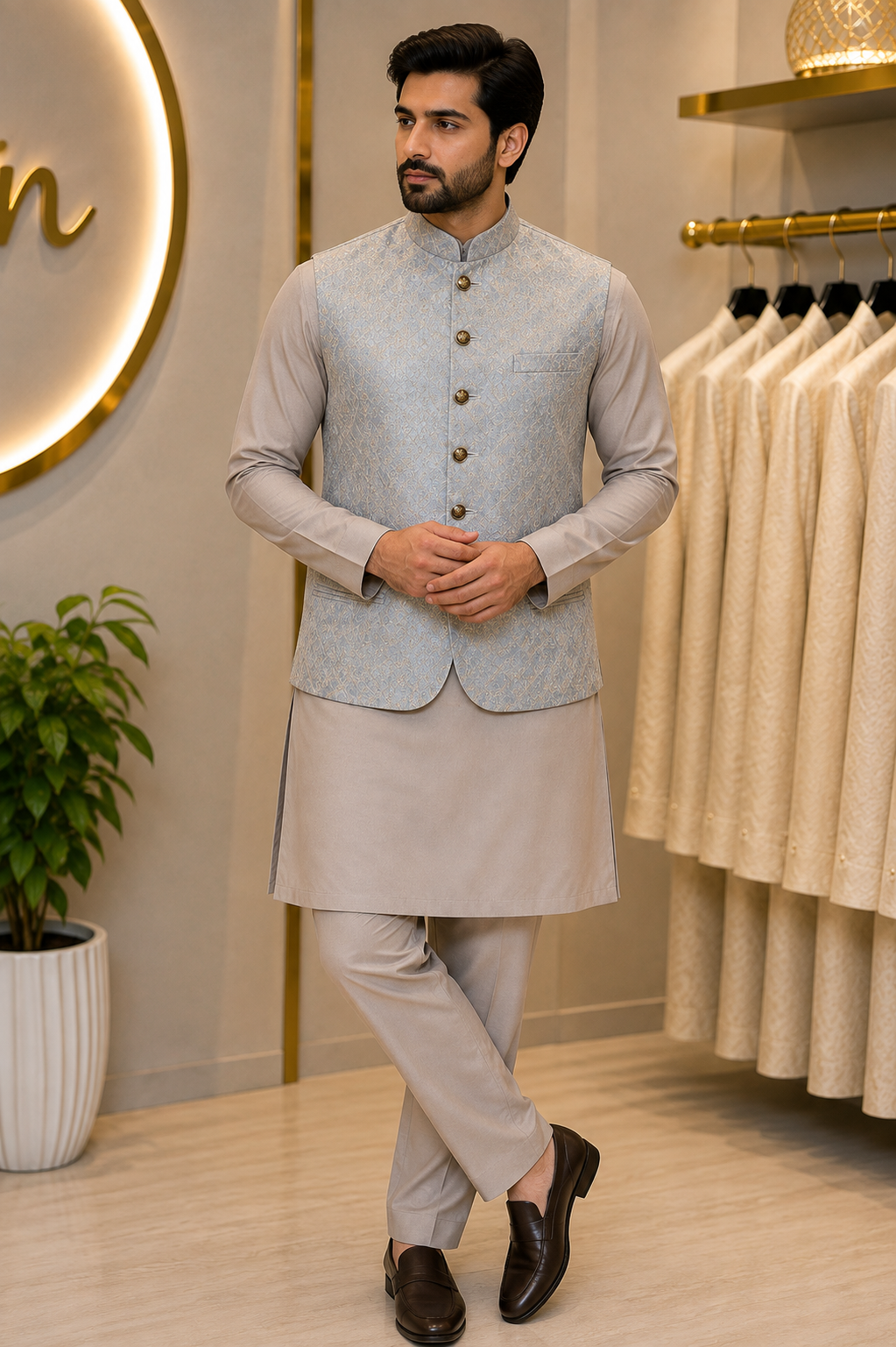 KPD7137 Grey Full Work Nehru Jacket with Greige Kurta Pant Set
