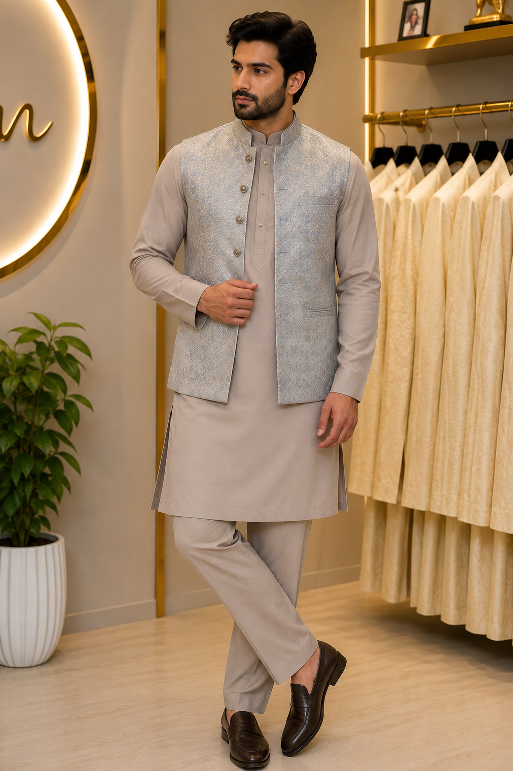 KPD7137 Grey Full Work Nehru Jacket with Greige Kurta Pant Set