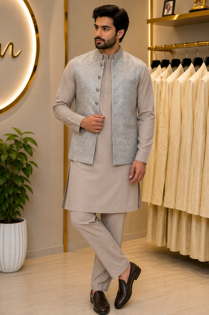 KPD7137 Grey Full Work Nehru Jacket with Greige Kurta Pant Set
