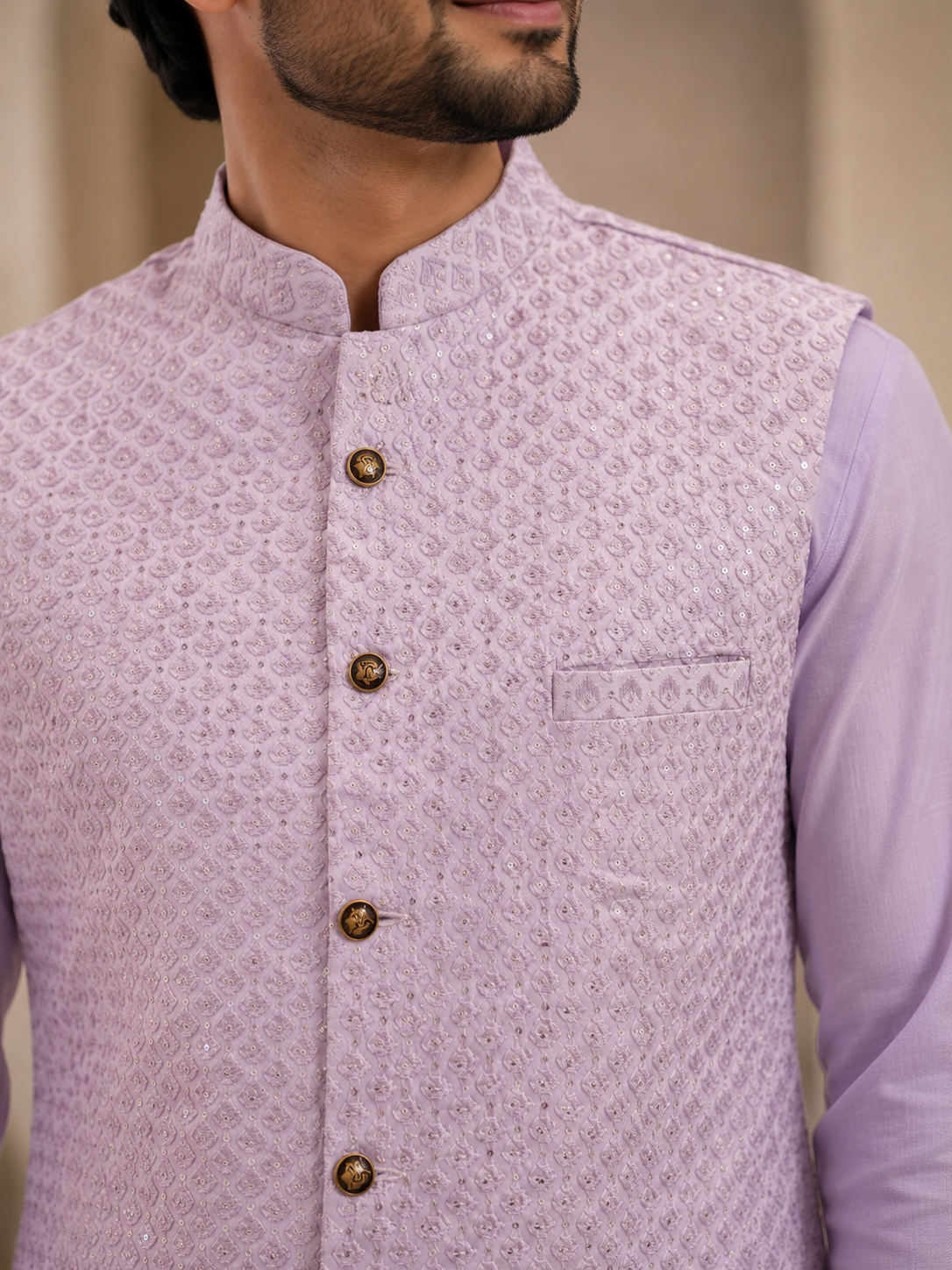 KPJ139 Lavender Embroidered Nehru Jacket
