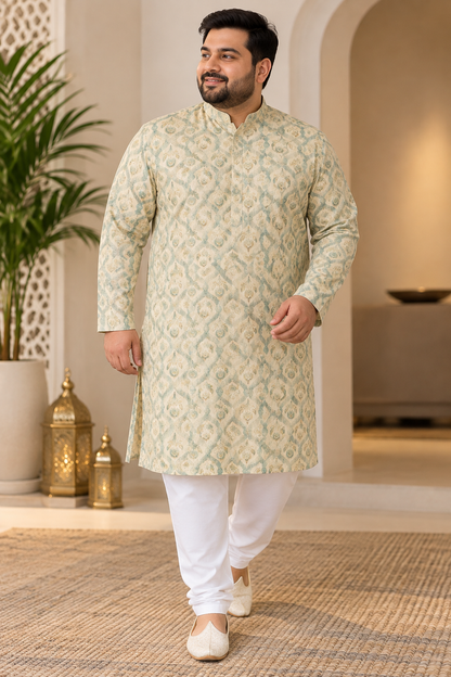 KPD4108 Plus Size Mint Green Printed Threadwork Cotton Kurta