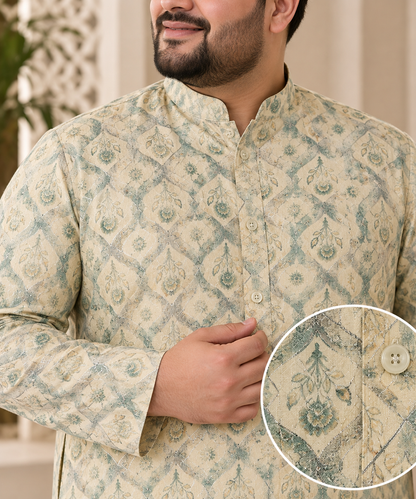 KPD4108 Plus Size Mint Green Printed Threadwork Cotton Kurta