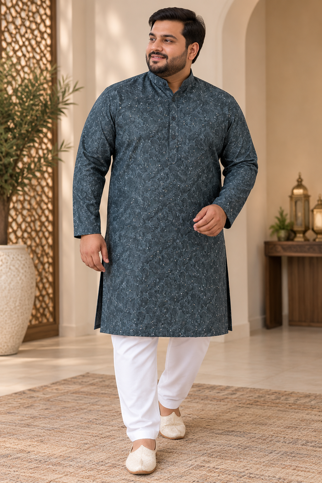 KPD4109 Plus Size Charcoal Blue Printed Sequin Work Kurta