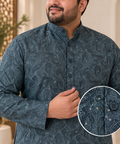 KPD4109 Plus Size Charcoal Blue Printed Sequin Work Kurta