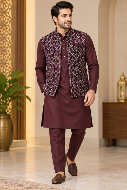 KPJ7139 Wine Velvet Nehru Jacket