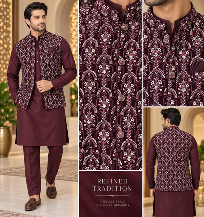 KPJ7139 Wine Velvet Nehru Jacket