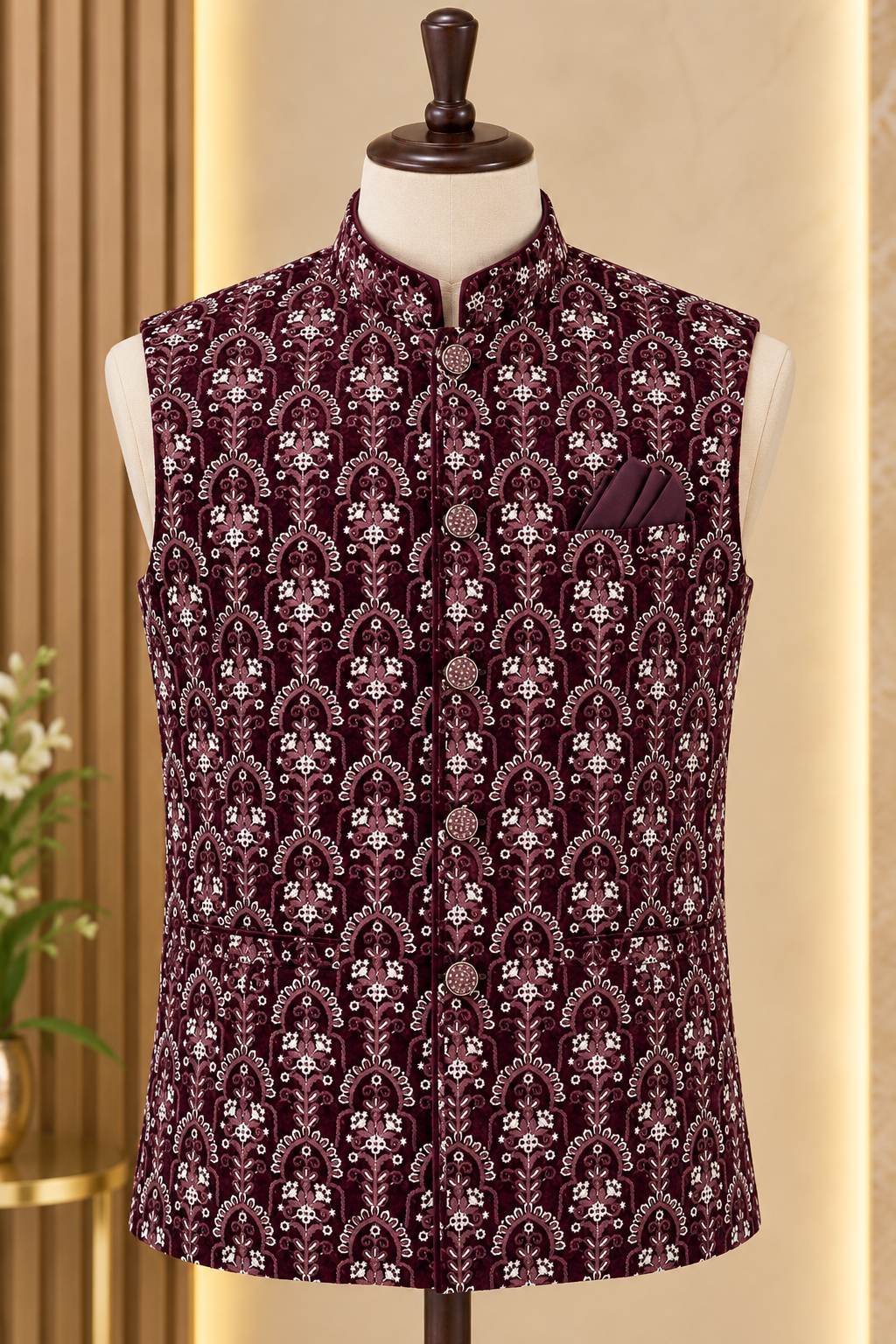 KPJ7139 Wine Velvet Nehru Jacket