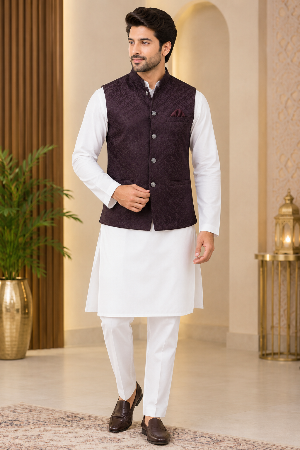 KPD7141 Wine Self-Patterned Jacquard Nehru Jacket with White Kurta
