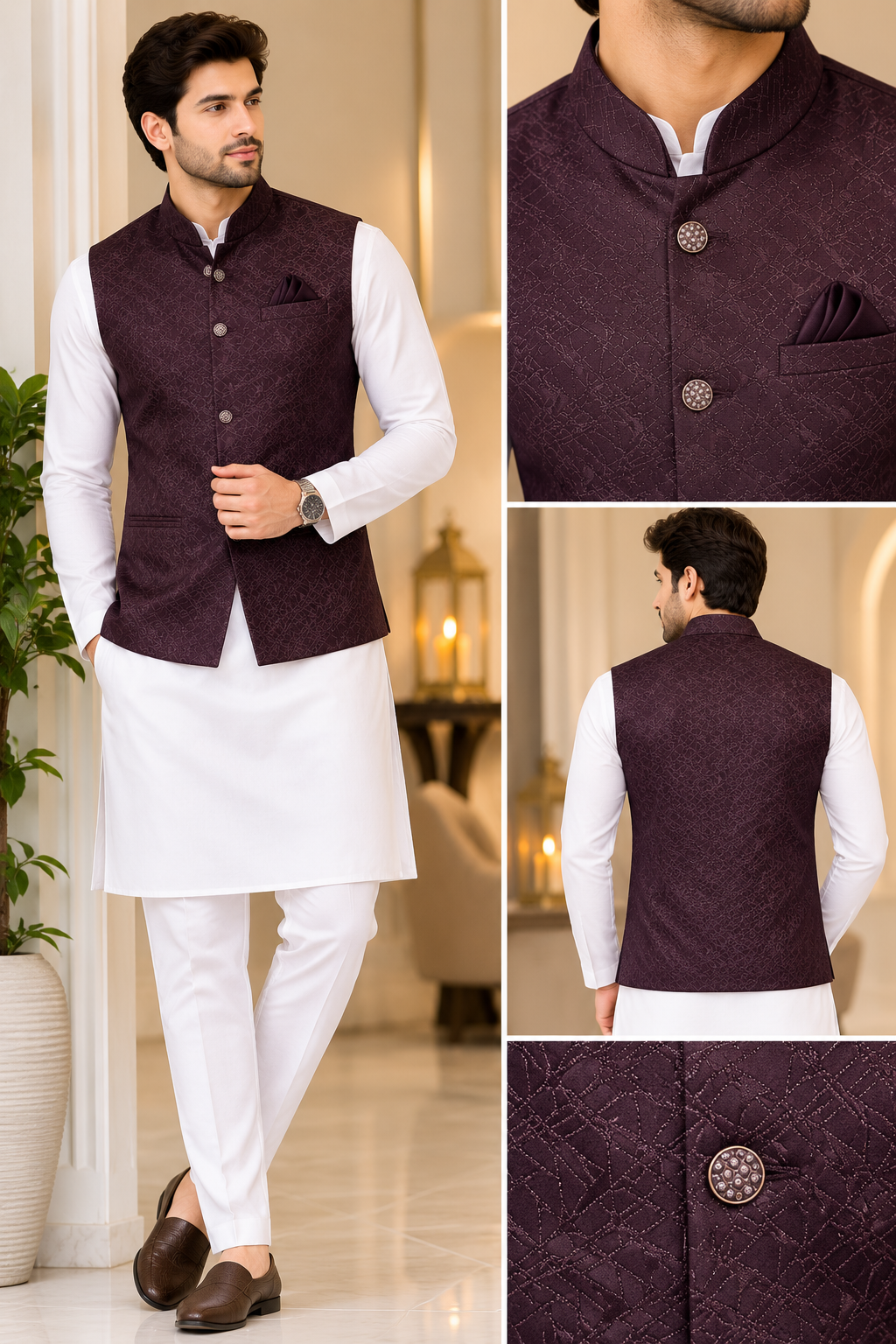 KPD7141 Wine Self-Patterned Jacquard Nehru Jacket with White Kurta