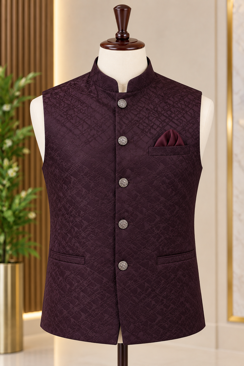 KPD7141 Wine Self-Patterned Jacquard Nehru Jacket with White Kurta