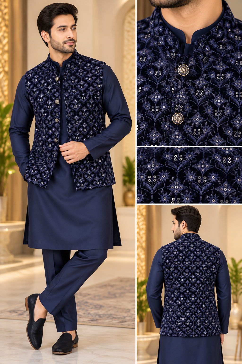 KPJ5313 Plus Size Blue Velvet Embroidered Nehru Jacket